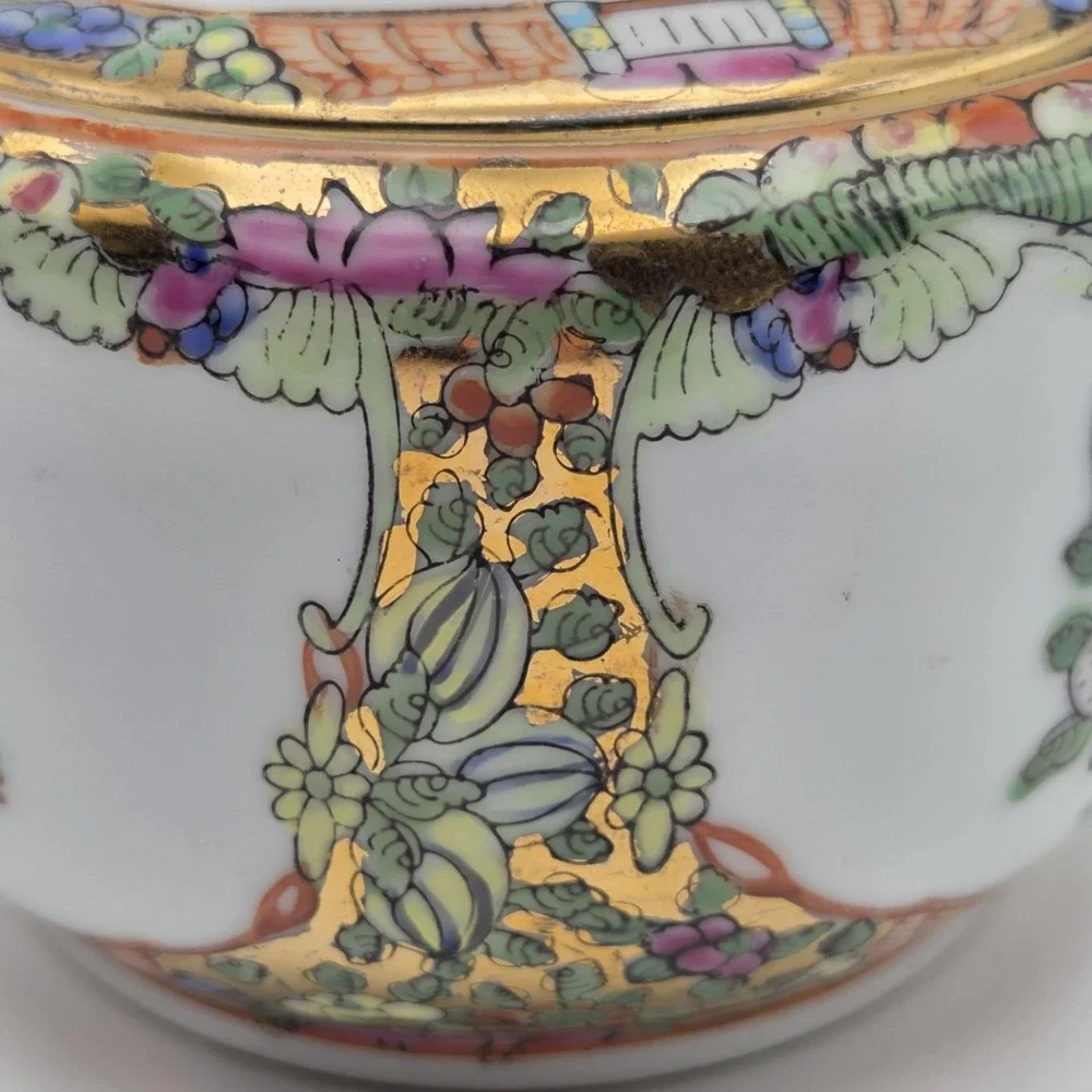 Vintage Cantonese Famille Rose Medallion Porcelain Tea Set Peonies Butterflies